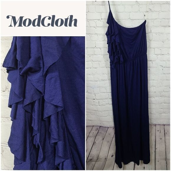 Modcloth Vertical Wave Navy Blue Ruffled Maxi Dress One Shoulder Fit & Flare - Picture 2 of 9